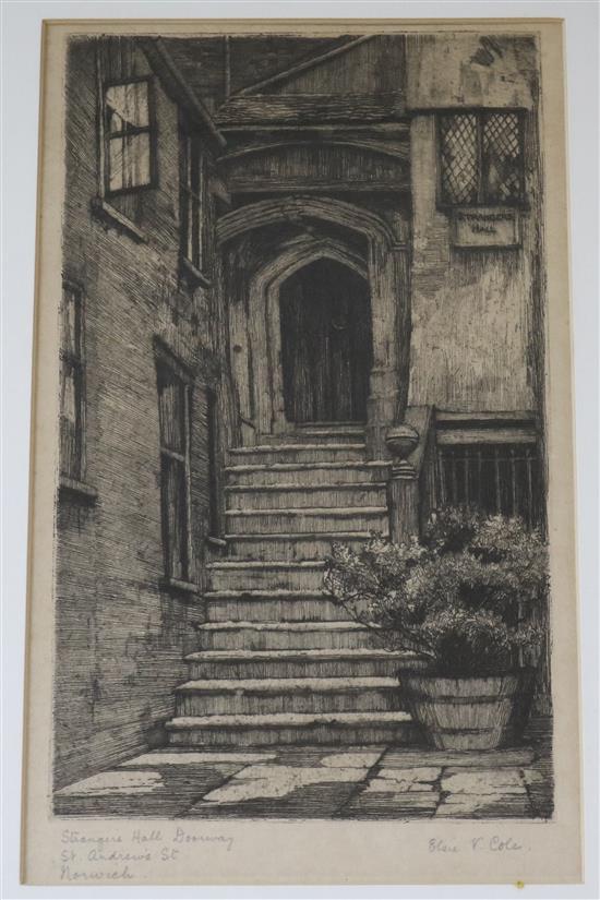 T.J. Farnworth, pair of watercolours, landscape and an etching, Strangers Hall Doorway, St Andrew Street, Norwich by Elsie V. Cole, la